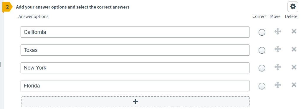 Four Multiple Choice answer options with the following content: "California", "Texas", "New York", and "Florida".