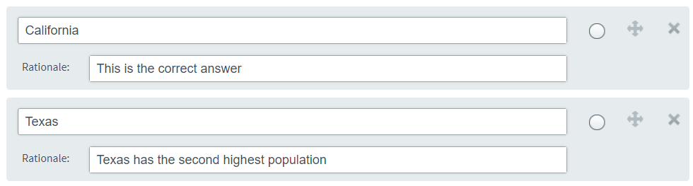 Multiple Choice answer options with Rationale fields. 